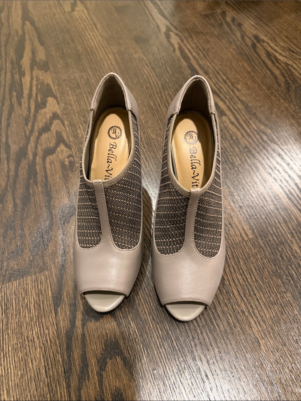 Bella Vita Taupe Knit-Panel Peep Toe Heels